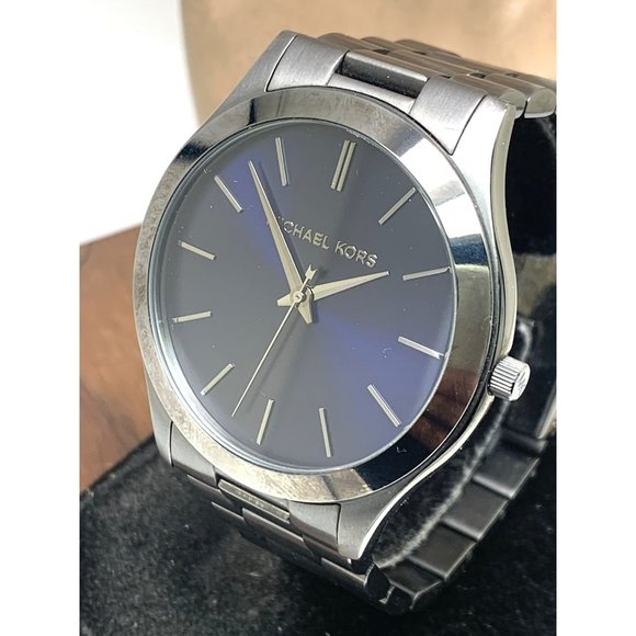 Michael Kors Men's Watch MK8584 Slim Runway Quartz Blue Dial Gunmetal Steel 44mm - Picture 1 of 14